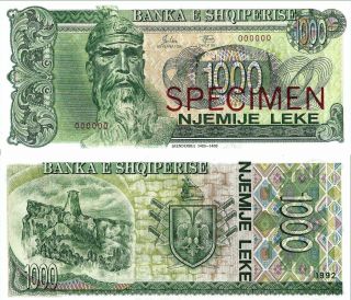 Albania Banknote Specimen Paper Money,  1000 Leke 1992,  Unc