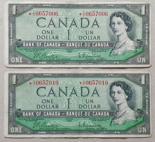 1954 Bank Of Canada $1 Dollar Set Of 2 Replacement Note I/o Bc - 37ba