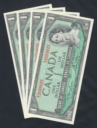 1954 Canada 1 Dollar Bank Notes Lawson / Bouey Consecutive X4