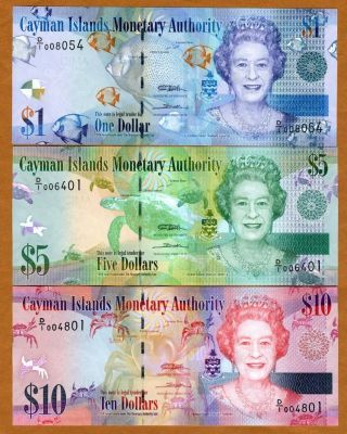 Cayman Islands,  Set $1;5;10,  2010 - 2016,  P - 38 - 39 - 40,  Unc