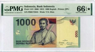 Indonesia 1000 1,  000 Rupiah 2000 / 2012 P 141 L Gem Unc Pmg 66 Epq Extra Star