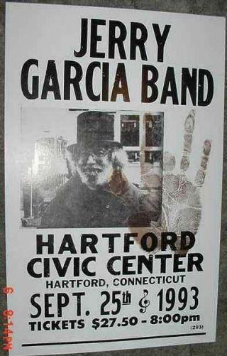 Jerry Garcia Band Poster 1993 Concert Tour Hartford Grateful Dead Handprint Art