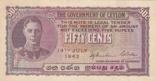 50 Cents Very Fine Banknote From British Colony Of Ceylon 1942 Pick - 45