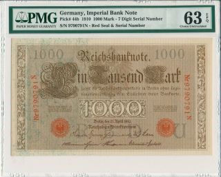 Imperial Bank Note Germany 1000 Mark 1910 S/no 979x79 Pmg 63epq