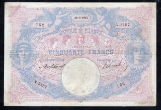 50 Francs Bleu Et Rose 1914 Crispy Fine/vf
