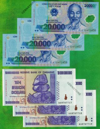 3 X 10 Billion Zimbabwe Dollars,  3 X 20000 Vietnam Dong Bank Notes Uncirculated