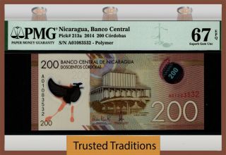 Tt Pk 213a 2014 Nicaragua Banco Central 200 Cordobas Pmg 67 Epq Gem Unc