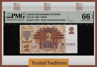 Tt Pk 36 1992 Latvia Government Of Latvia 2 Rubli Pmg 66 Epq Gem Uncirculated