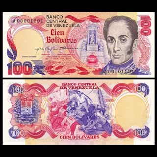 Venezuela 100 Bolivares,  1980,  P - 59,  A Prefix,  Comm.  Unc