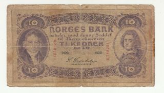 Norway 10 Kroner 1920 Heavily Circ.  @