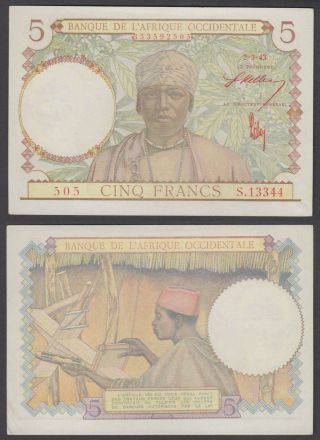 French West Africa 5 Francs 1943 (au) Crisp Banknote Km 26 Red Sign