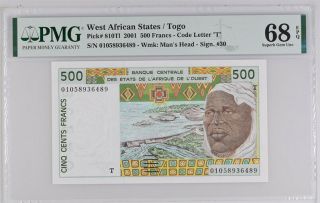West African States Togo 500 Francs 2001 P 810 Tl Gem Unc Pmg 68 Epq Top