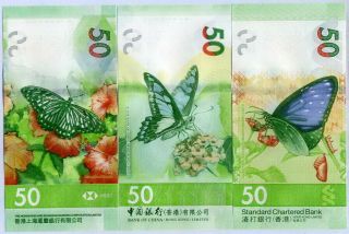 Hong Kong Set 3 Unc 50 Dollars 2018 / 2020 P 219 303 349 Hsbc Scb Boc Nr
