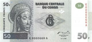 Congo 50 Francs 01.  11.  1997 P 89a Fancy 0000666 Uncirculated Banknote G22