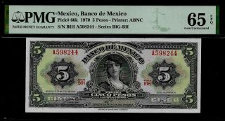 Mexico 5 Pesos 1970 Pmg 65 Epq Unc Pick 60k Series Big