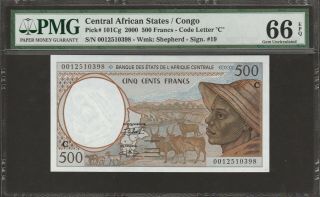Pmg - 66 Epq Gem Unc Central African States 500 Francs 2000 P - 101cg Congo