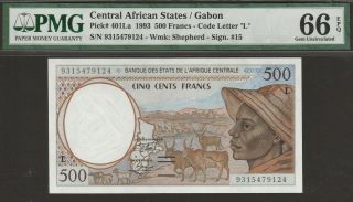 Pmg - 66 Epq Gem Unc Central African States 500 Francs 1993 P - 401la Gabon