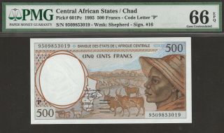 Pmg - 66 Epq Gem Unc Central African States 500 Francs 1995 P - 601pc Chad