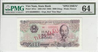 1988 Viet Nam 2000 Dong P - 107s1 " Specimen " S/n Kk0000951 Pmg 64 Choice Unc