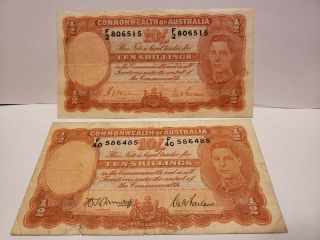 Australia (1942) 10 Shillings 1/2 Pound George Vi X 2 Orange And Black Sign F - V
