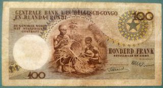 BELGIAN CONGO 100 FRANCS NOTE ISSUED 1.  03.  1955,  P 33 a,  WATERMARK - ELEPHANT 2