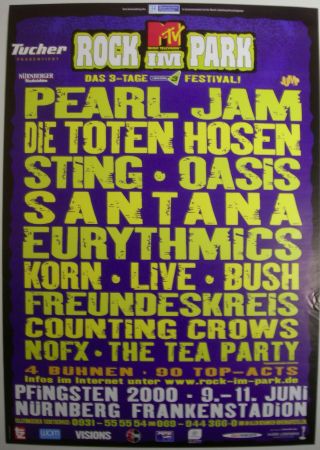 Pearl Jam German Festival Concert Tour Poster 2000 Binaural Rock Im Park