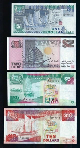 Old Set Of 4 Singapore $1 $2 $5 $10 Vessel Boat Ships Series Au Banknote (113)