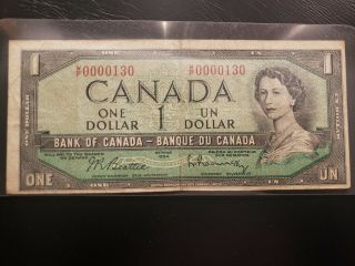 Low Serial Number W/p 0000130 Canadian 1954 One Dollar Note