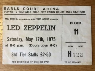 Vg,  1975 Led Zeppelin Concert Ticket Earls Court Arena London Rock Memorabilia