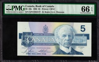 1986 Bank Of Canada $5 Banknote,  Pmg Gem Unc - 66 Epq