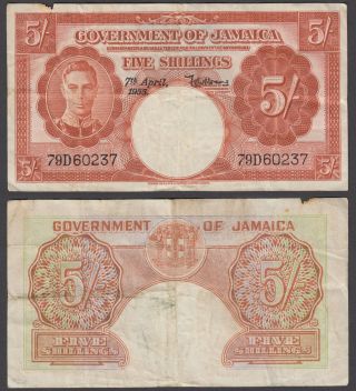 Jamaica 5 Shillings 1955 (f - Vf) Banknote P - 37b Kgvi