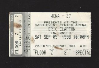 Eric Clapton Wcna Ticket Stub San Jose State Univ.  Sept 5,  1998 Rare