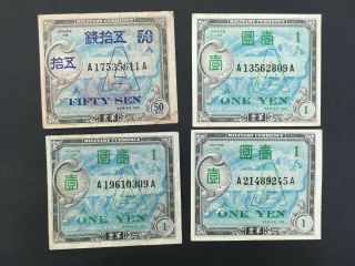 Japan (4 Notes) 50 Sen And 1 Yen 1946 - - Amc - Allied Military " A " Underprint