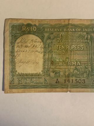 1938 Reserve Bank Of India Burma 10 Rupees King George VI Banknote Bill 2