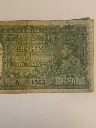 1938 Reserve Bank Of India Burma 10 Rupees King George VI Banknote Bill 3