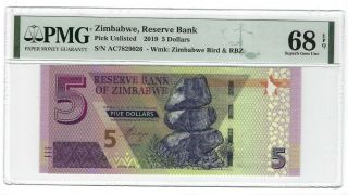 P - Unl 2019 5 Dollars,  Zimbabwe,  Reserve Bank,  Pmg 68epq Gem,