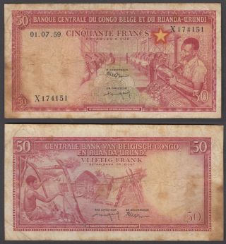 (b21) Belgian Congo 50 Francs 1959 (f - Vf) Banknote P - 32