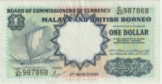 Malaya & British Borneo 1 Dollar Banknote 1.  3.  1959 Choice Very Fine Pick 8 - A