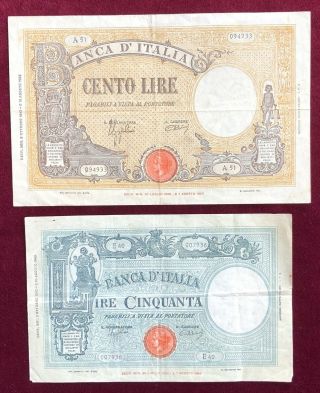 Italy 50,  100 Lire 1943 Very Fine To Very Fine,