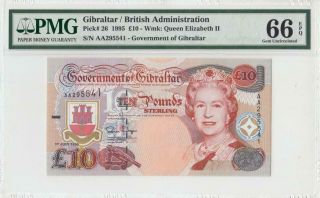 1.  7.  1995 Government Of Gibraltar Qeii 10 Pounds " Aa " ( (pmg 66 Epq))