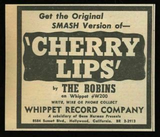 1956 The Robins Cherry Lips Song Release Whippet Records Trade Print Ad