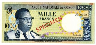 Congo.  Banque Nationale Du Congo 1964,  Specimen 1000 Francs P - 8s Ch.  Au - Unc.  Tdlr