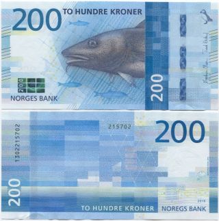Norway 200 Kroner 2016 (2017) Unc,  Design,  P -