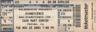Evanescence 2003 Fallen Tour Fresno Concert Ticket / Amy Lee / Nmt 2