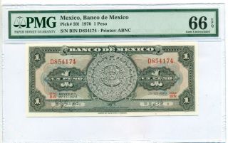 Mexico 1970 1 Peso Bank Note Aztec Calendar Gem Unc 66 Epq Pmg
