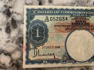 1941 BOARD COMMISSIONERS OF CURRENCY MALAYA $1 DOLLAR. 3