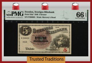 Tt Pk 33af 1949 Sweden Sveriges Riksbank 5 Kronor Gustaf Vasa Pmg 66 Epq Gem