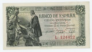 Spain España 5 Pesetas 1945 Pick 129.  A Aunc Almost Uncirculated Banknote R422