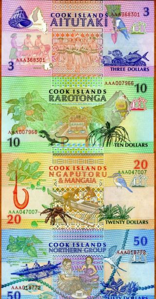 Set Cook Islands,  $3;10;20;50 1992,  Aaa Prefix,  Picks 7 - 8 - 9 - 10,  Unc
