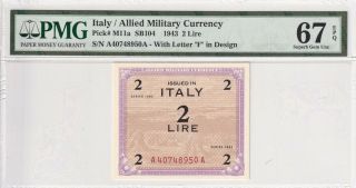 1943 Italy 2 Lire P - M11a S/n A40748950a Pmg 67 Epq Gem Unc